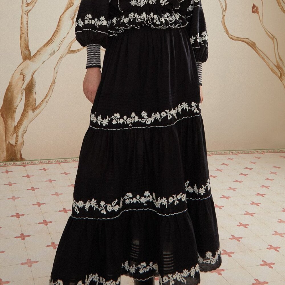NEW FARM RIO embroidered ruffle maxi skirt